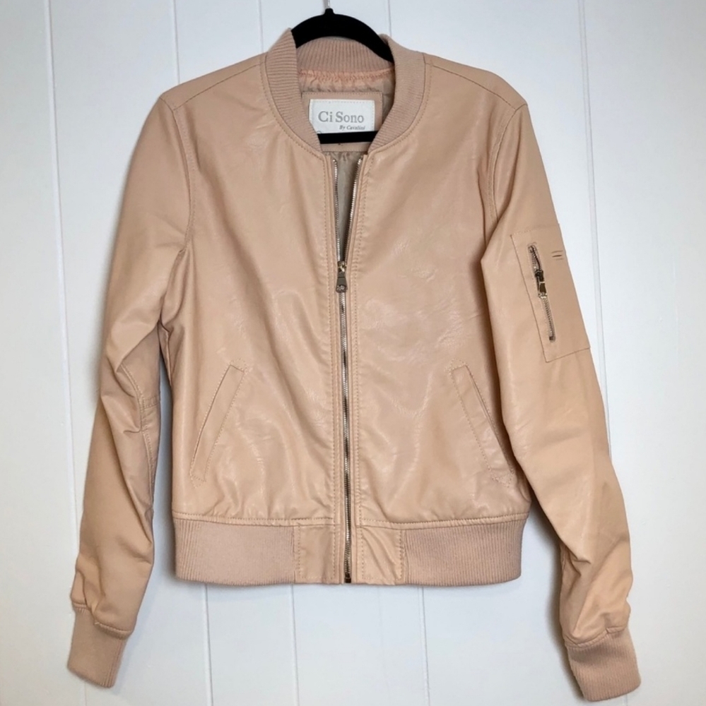 Ci Sono Light Pink Faux Leather Zip Bomber Jacket